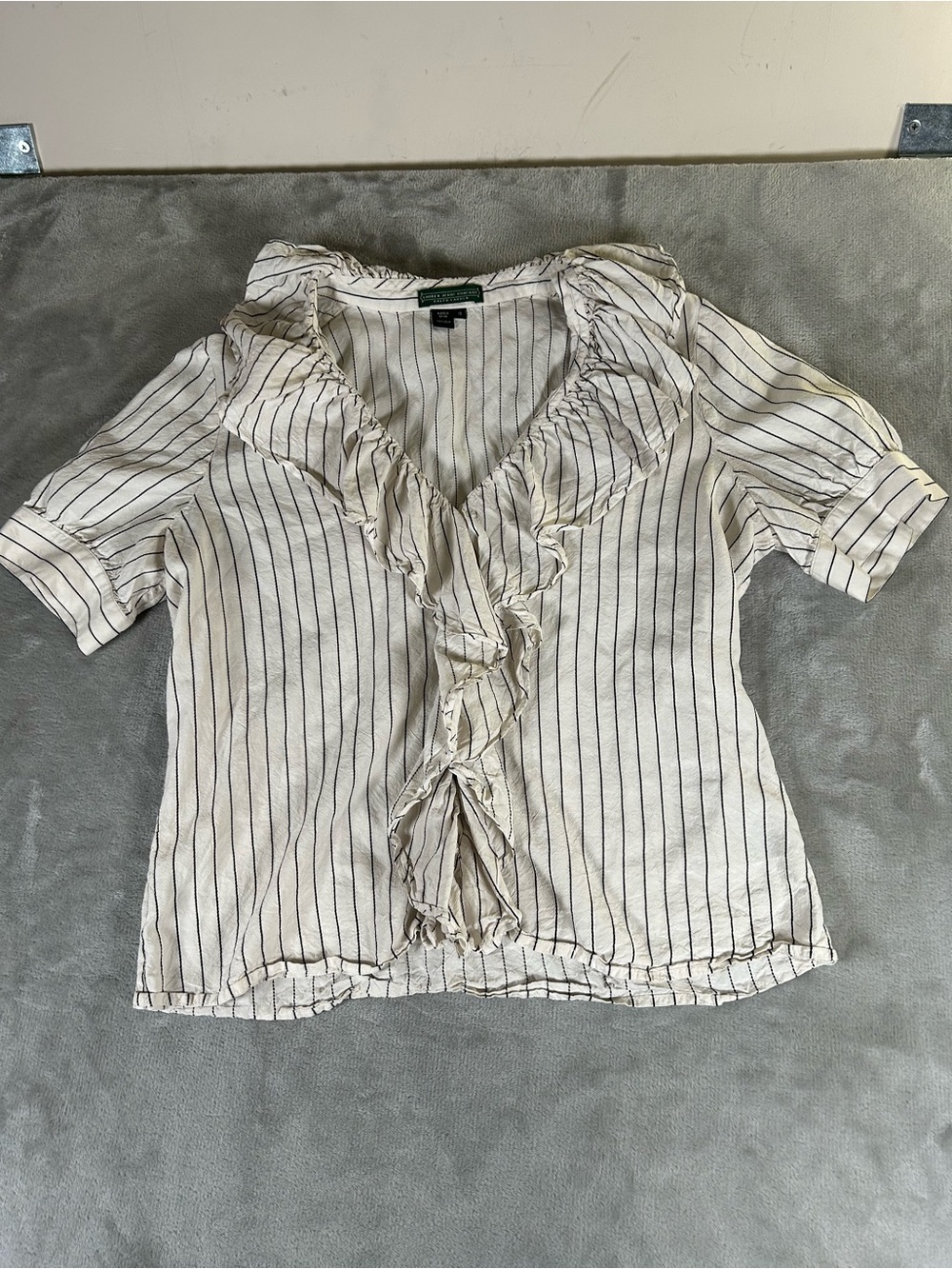 Ralph Lauren Silk Cream Blouse with Black Pinstripes and Ruffle V-Neck